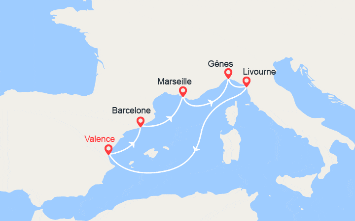 Carte itinéraire croisière Espagne, France, Italie