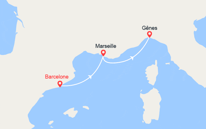 Carte itinéraire croisière Espagne, France, Italie