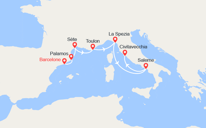 Carte itinéraire croisière Espagne, France, Italie