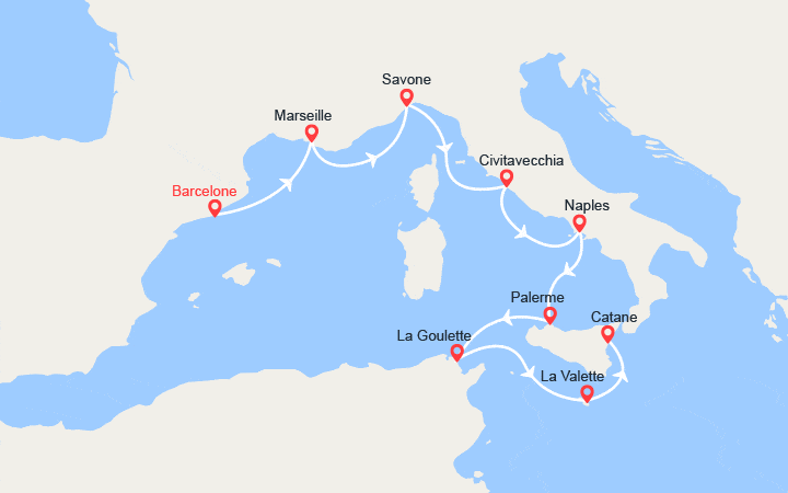 Carte itinéraire croisière Espagne, France, Italie, Malte