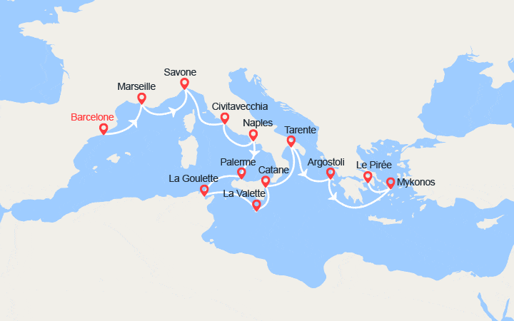 Carte itinéraire croisière Espagne, France, Italie, Malte, Grèce
