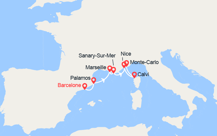 Carte itinéraire croisière Espagne, France, Monaco