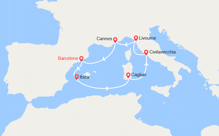 Carte itinéraire croisière Espagne, Ibiza, Italie,France