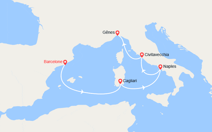 Carte itinéraire croisière Espagne, Italie