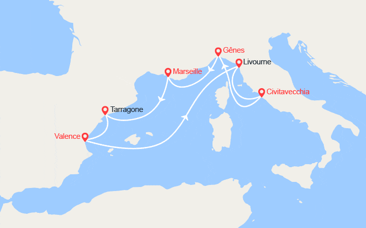 Carte itinéraire croisière Espagne, Italie