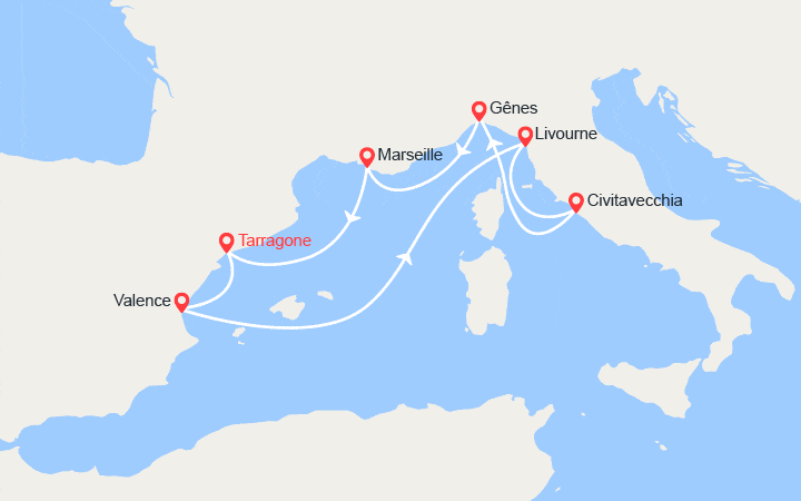 Carte itinéraire croisière Espagne, Italie, France