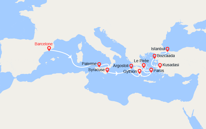 Carte itinéraire croisière Espagne, Italie, Grèce, Turquie