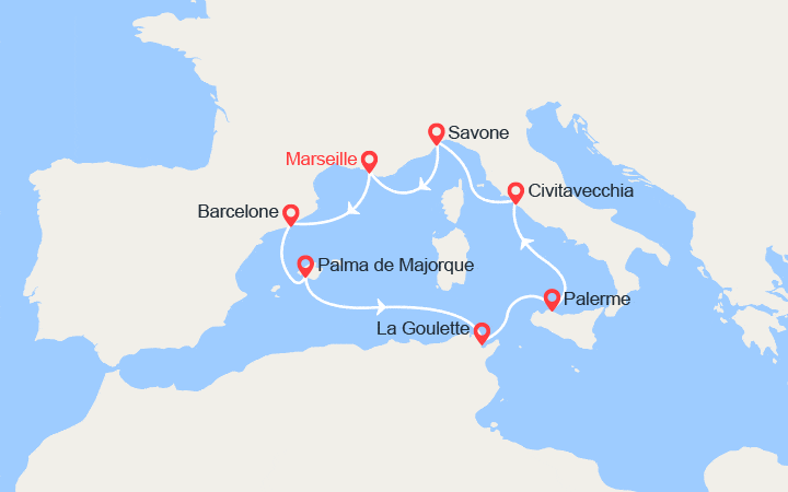 Carte itinéraire croisière Espagne, Majorque, Tunisie, Sicile, Italie