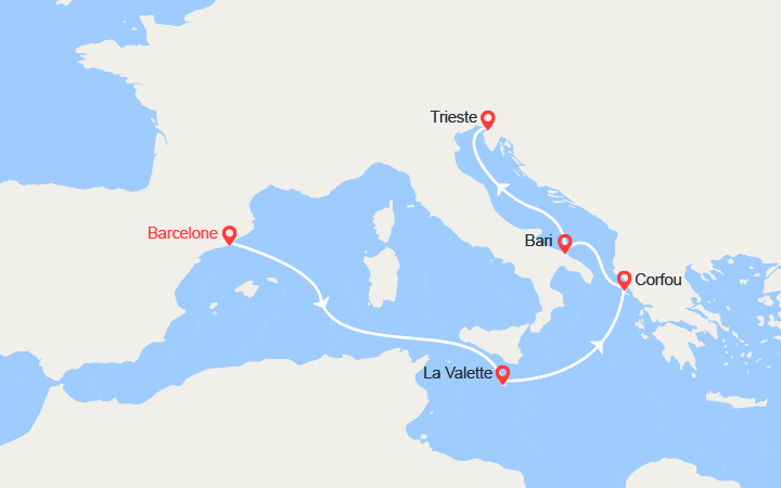 Carte itinéraire croisière Espagne, Malte, îles Grecques, Italie