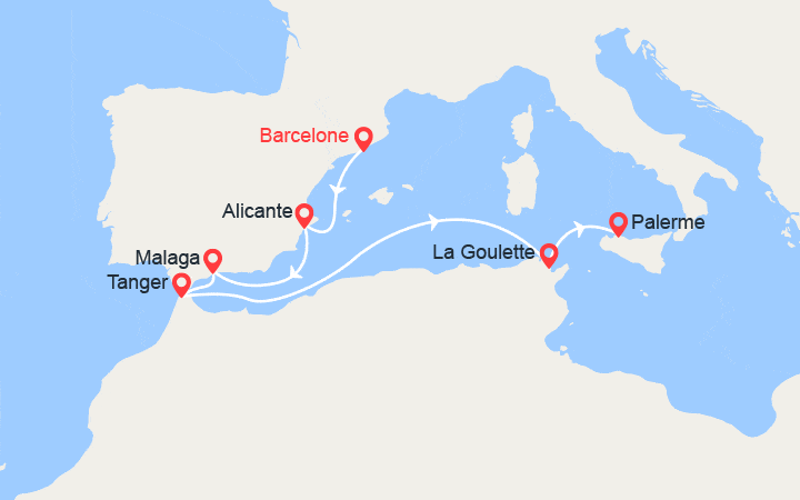 Carte itinéraire croisière Espagne, Maroc, Italie