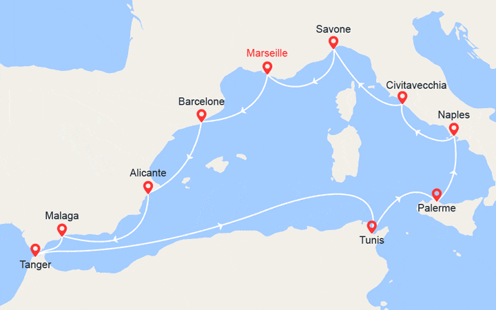 Carte itinéraire croisière Espagne, Maroc, Tunisie, Sicile, Italie