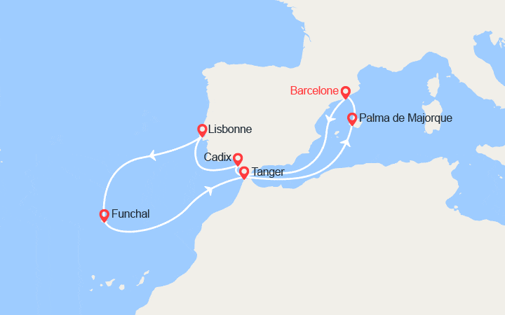 Carte itinéraire croisière Espagne, Portugal, Madère, Baléares