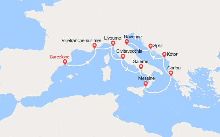 Carte itinéraire croisière Espagne, Provence, Italie, îles Grecques, Monténégro, Croatie