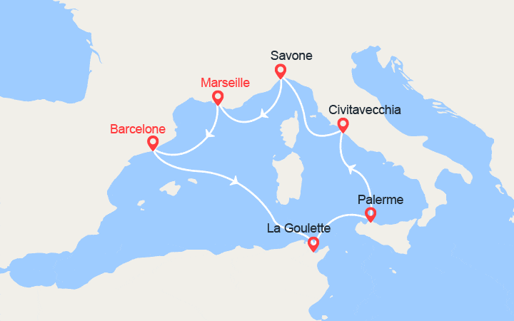Carte itinéraire croisière Espagne, Tunisie, Italie