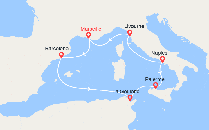 Carte itinéraire croisière Espagne, Tunisie, Sicile, Italie, France