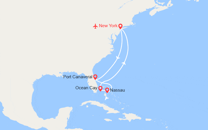Carte itinéraire croisière États-Unis, Bahamas - Vols et Hôtel inclus