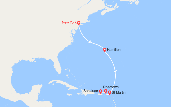 Carte itinéraire croisière États-Unis, îles Vierges, St Martin, Porto Rico