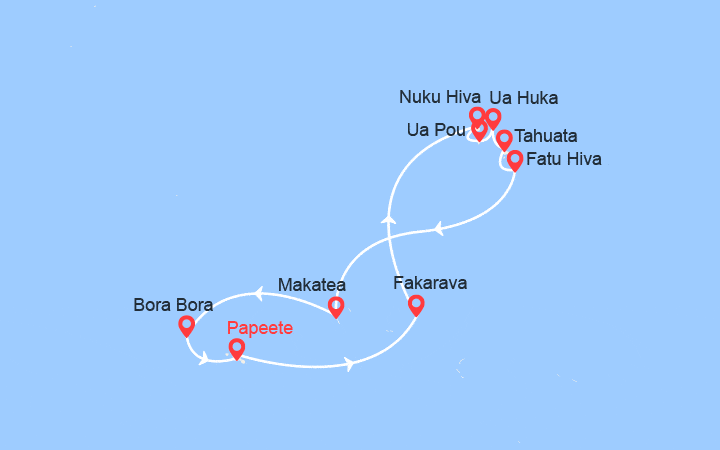 Carte itinéraire croisière Festival des arts des Marquises : de Tahiti à Bora Bora