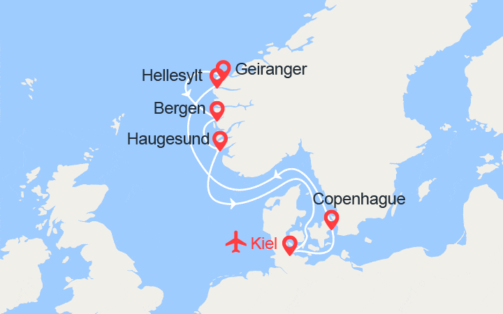 Carte itinéraire croisière Fjords de Norvège : Copenhague, Geiranger, Bergen, Haugesund | Vols inclus