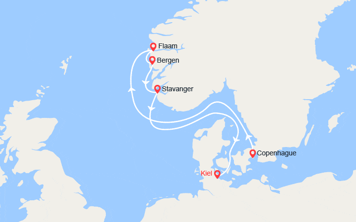 Carte itinéraire croisière Fjords de Norvège : Flam, Bergen, Stavanger