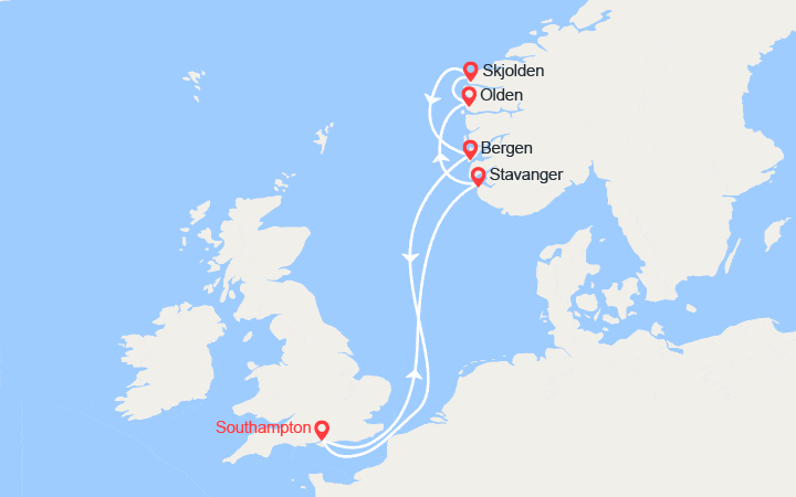 Carte itinéraire croisière Fjords de Norvège : Stavanger, Olden, Sognefjord, Bergen