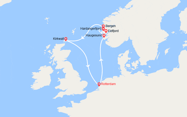 Carte itinéraire croisière Fjords norvégiens & Ecosse : Haugesund, Eidfjord, Bergen, Kirkwall