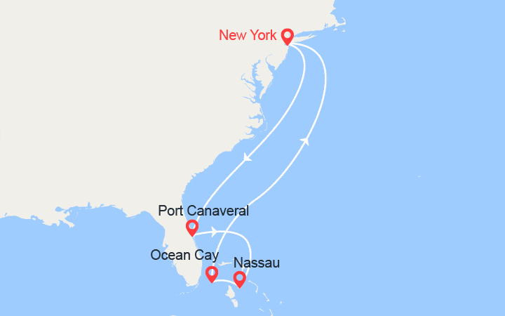 Carte itinéraire croisière Floride, Bahamas au départ de New York