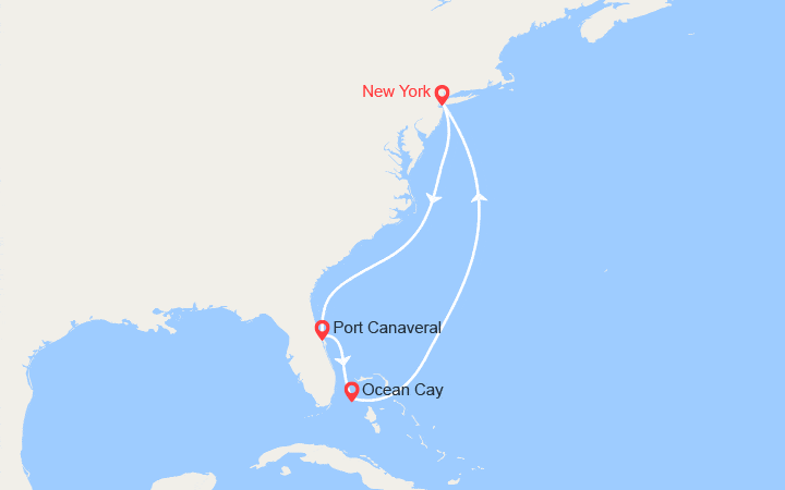 Carte itinéraire croisière Floride, Bahamas au départ de New York