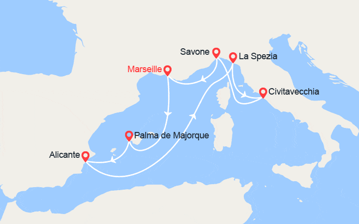 Carte itinéraire croisière France, Baléares, Espagne, Italie