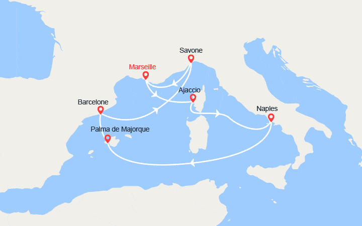 Carte itinéraire croisière France, Corse, Italie, Baléares, Espagne