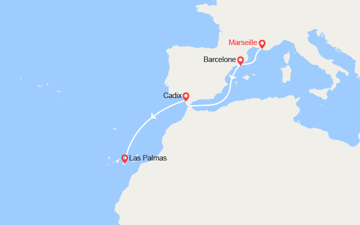 Carte itinéraire croisière France, Espagne, Canaries