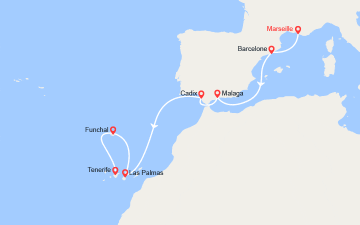 Carte itinéraire croisière France, Espagne, Canaries, Madère