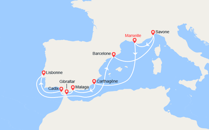 Carte itinéraire croisière France, Espagne, Gibraltar, Portugal, Italie