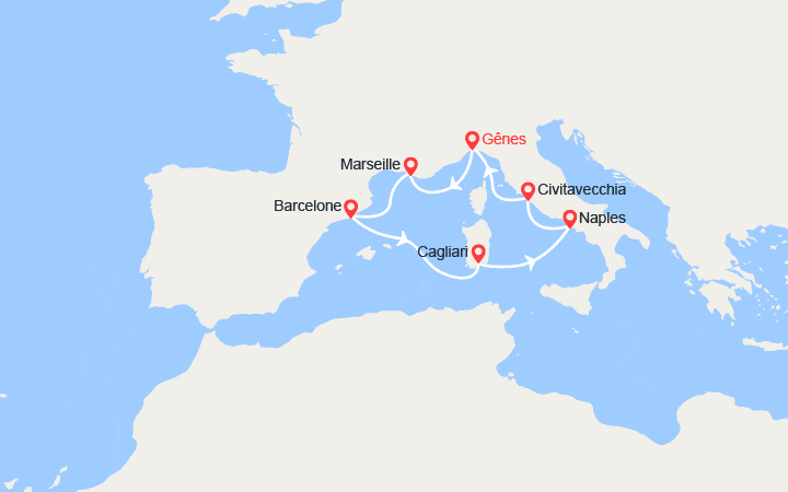 Carte itinéraire croisière France, Espagne, Italie
