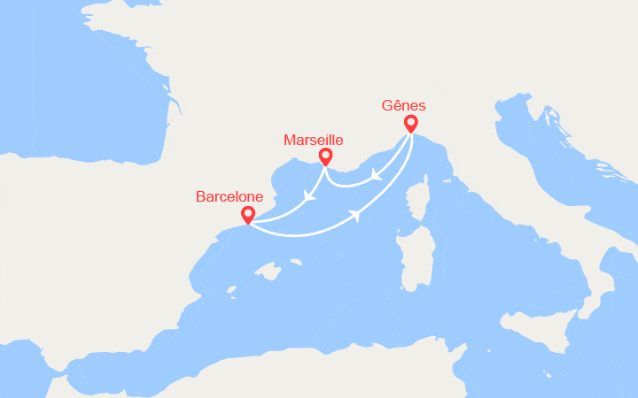Carte itinéraire croisière France, Espagne, Italie