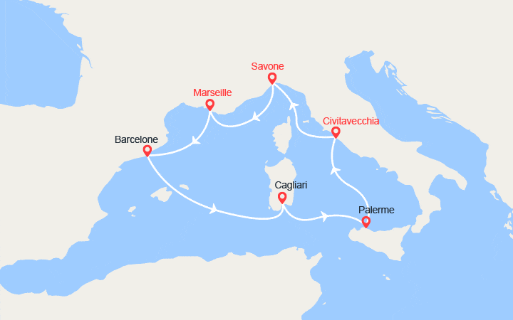 Carte itinéraire croisière France, Espagne, Italie