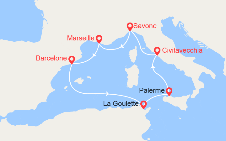 Carte itinéraire croisière France, Espagne,Tunisie, Italie