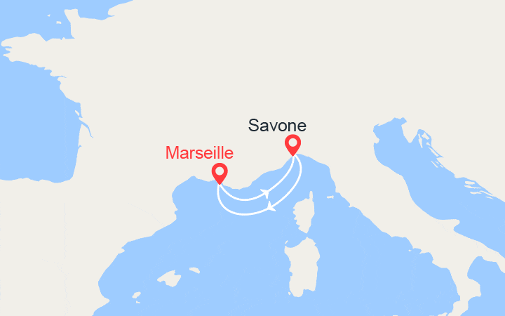 Carte itinéraire croisière France, Italie au départ de Savone