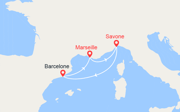 Carte itinéraire croisière France, Italie, Espagne