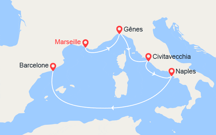 Carte itinéraire croisière France, Italie, Espagne
