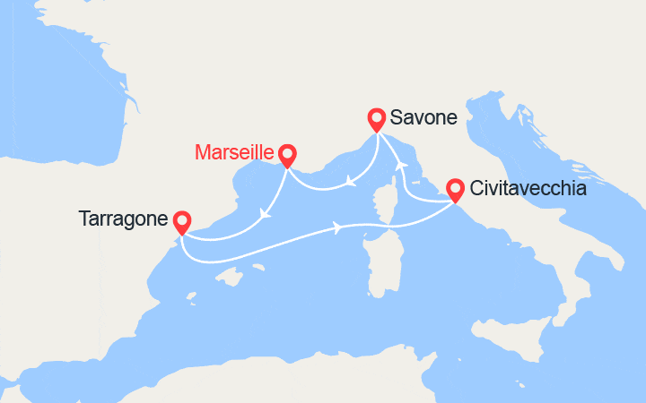 Carte itinéraire croisière France, Italie, Espagne