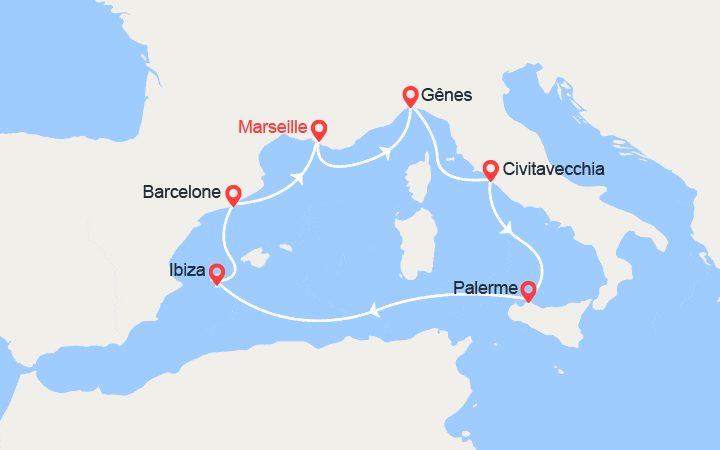 Carte itinéraire croisière France, Italie, Espagne, Ibiza