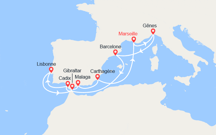 Carte itinéraire croisière France, Italie, Espagne, Portugal, Gibraltar