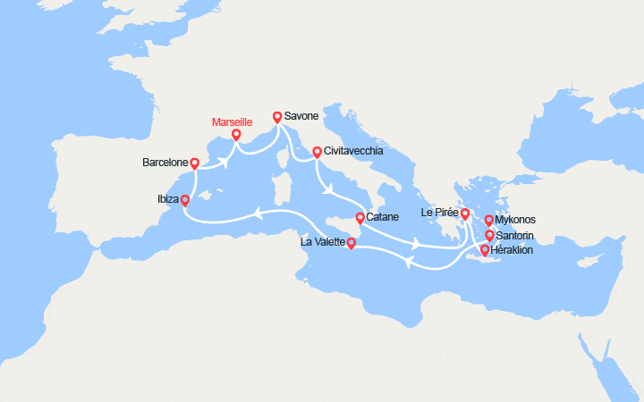 Carte itinéraire croisière France, Italie, Grèce, Malte, Baléares, Espagne
