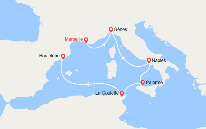 Carte itinéraire croisière France, Italie, Tunisie, Espagne