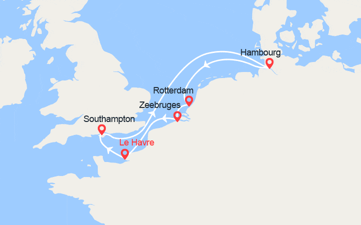 Carte itinéraire croisière France, Royaume-Uni, Allemagne, Pays Bas, Belgique