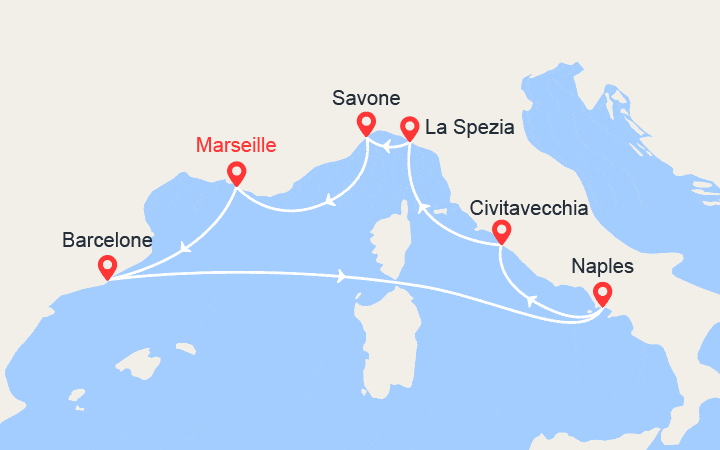 Carte itinéraire croisière Golfes d'Italie : Espagne, Italie