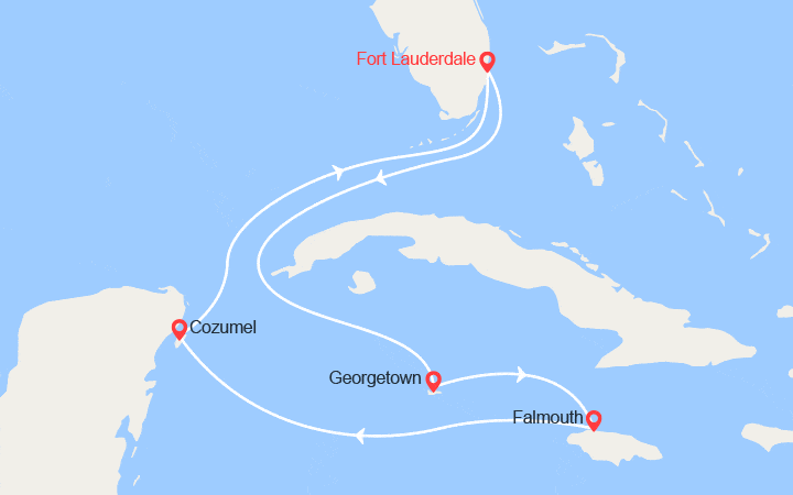 Carte itinéraire croisière Grand Cayman, Jamaique, Mexique