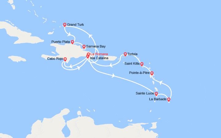 Carte itinéraire croisière Grand Turk, Rép. Dominicaine, Porto Rico, Antilles, îles Vierges