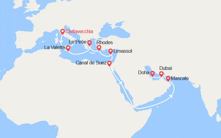 Carte itinéraire croisière Grand Voyage : d'Italie aux Émirats arabes unis